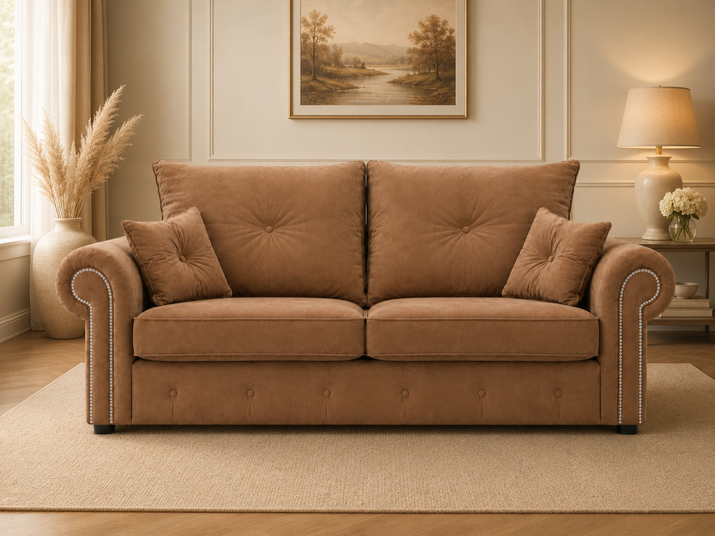 Olympia Plush Velvet 3 Seater Sofa – Luxury Rolled Arm Sofa with Studded Trim