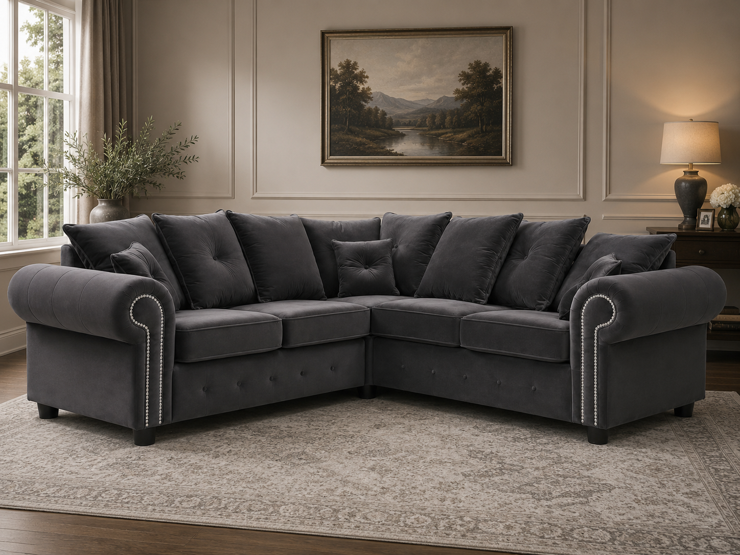Olympia Plush Velvet Corner Sofa – Luxury Rolled Arm Corner Sofa with Studded Trim