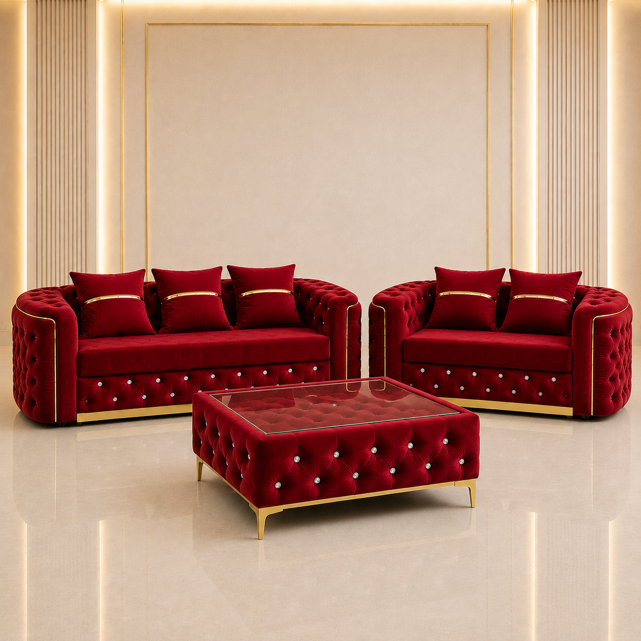 Ambassador Chesterfield 3+2 Seater Sofa Set with Matching Coffee Table – Velvet Sofa Suite