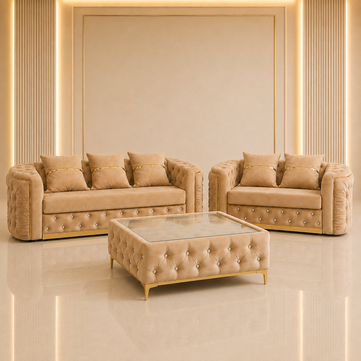 Ambassador Chesterfield 3+2 Seater Sofa Set with Matching Coffee Table – Velvet Sofa Suite