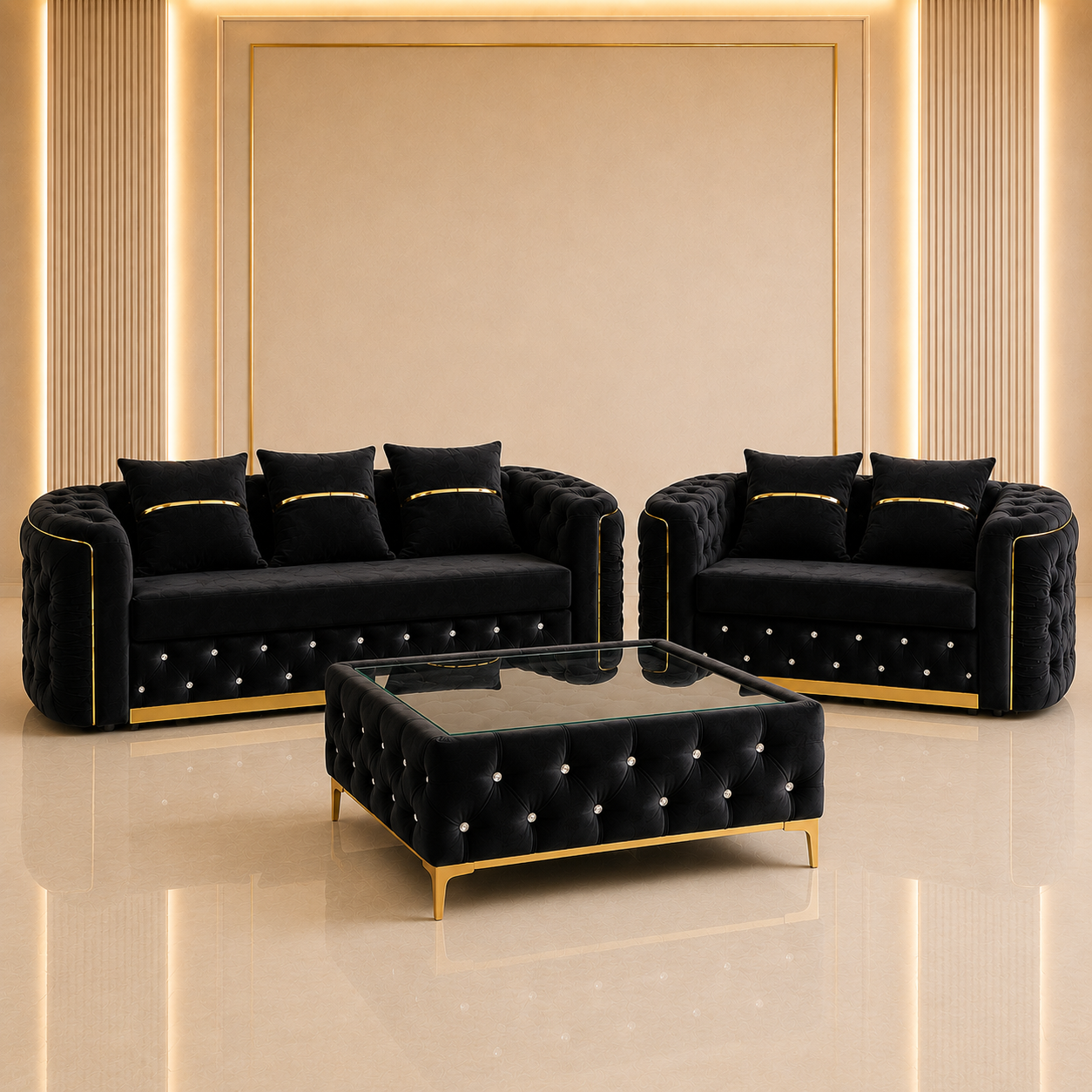 Ambassador Chesterfield 3+2 Seater Sofa Set with Matching Coffee Table – Velvet Sofa Suite