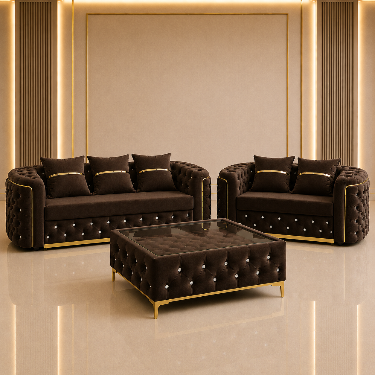 Ambassador Chesterfield 3+2 Seater Sofa Set with Matching Coffee Table – Velvet Sofa Suite
