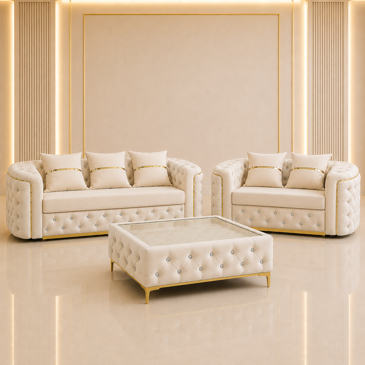 Ambassador Chesterfield 3+2 Seater Sofa Set with Matching Coffee Table – Velvet Sofa Suite