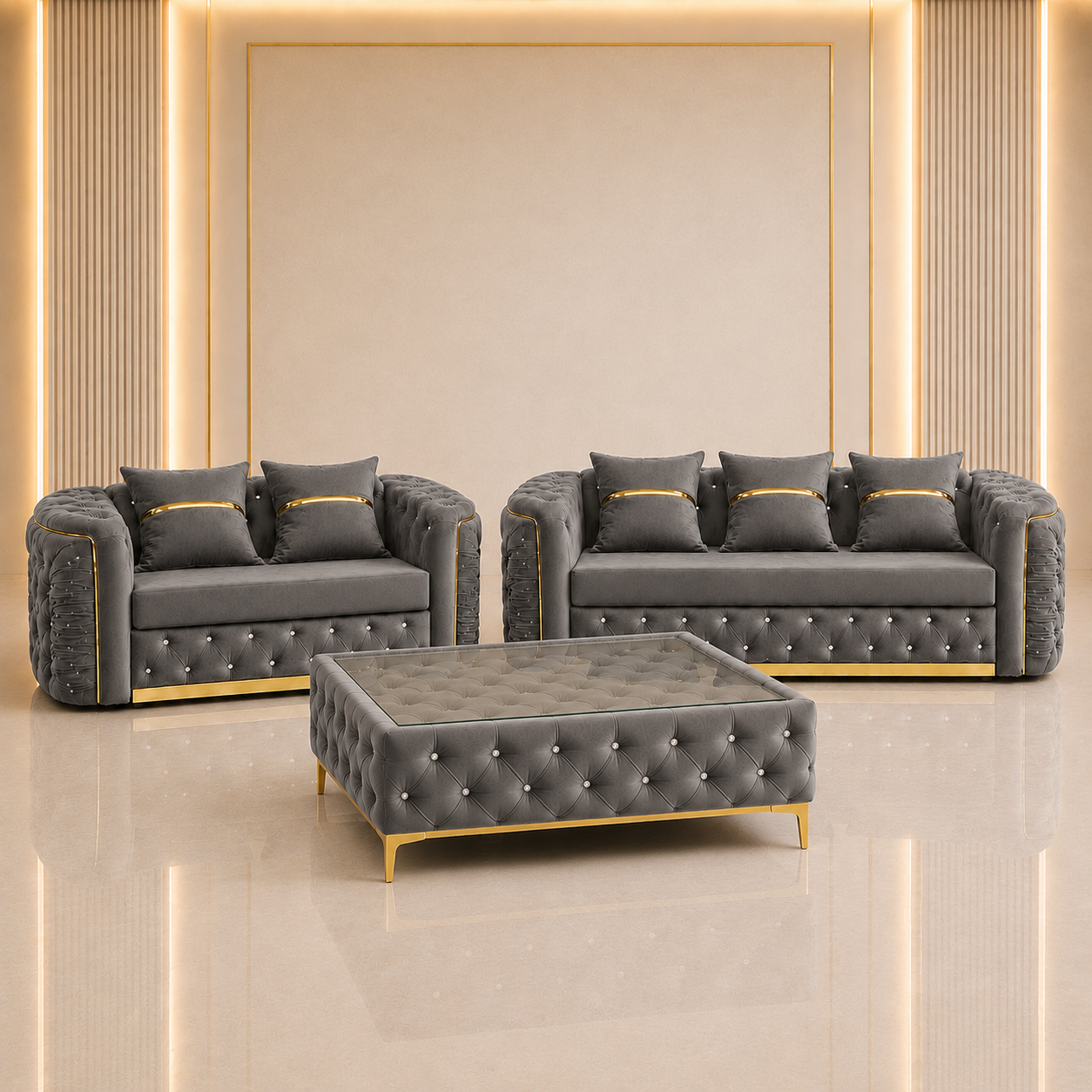 Ambassador Chesterfield 3+2 Seater Sofa Set with Matching Coffee Table – Velvet Sofa Suite