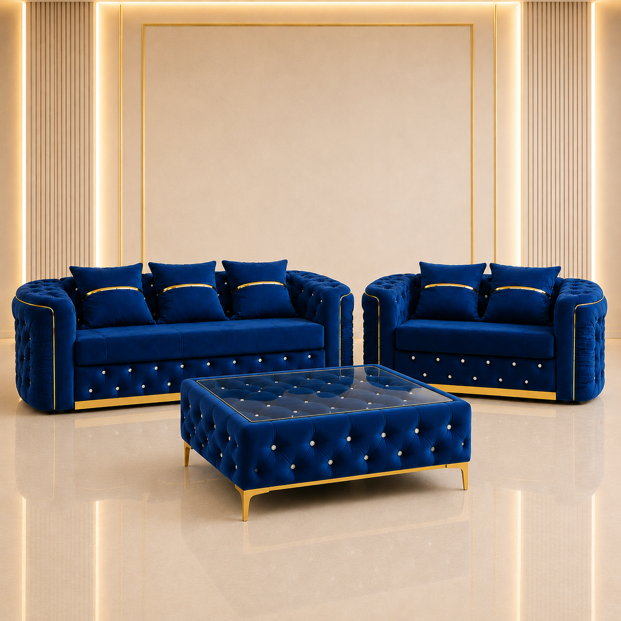 Ambassador Chesterfield 3+2 Seater Sofa Set with Matching Coffee Table – Velvet Sofa Suite