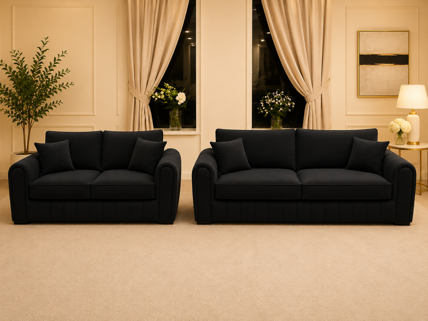 Lilly Plush Velvet 3+2 Sofa Set – Plain Fabric Sofa Suite with Soft Cushions