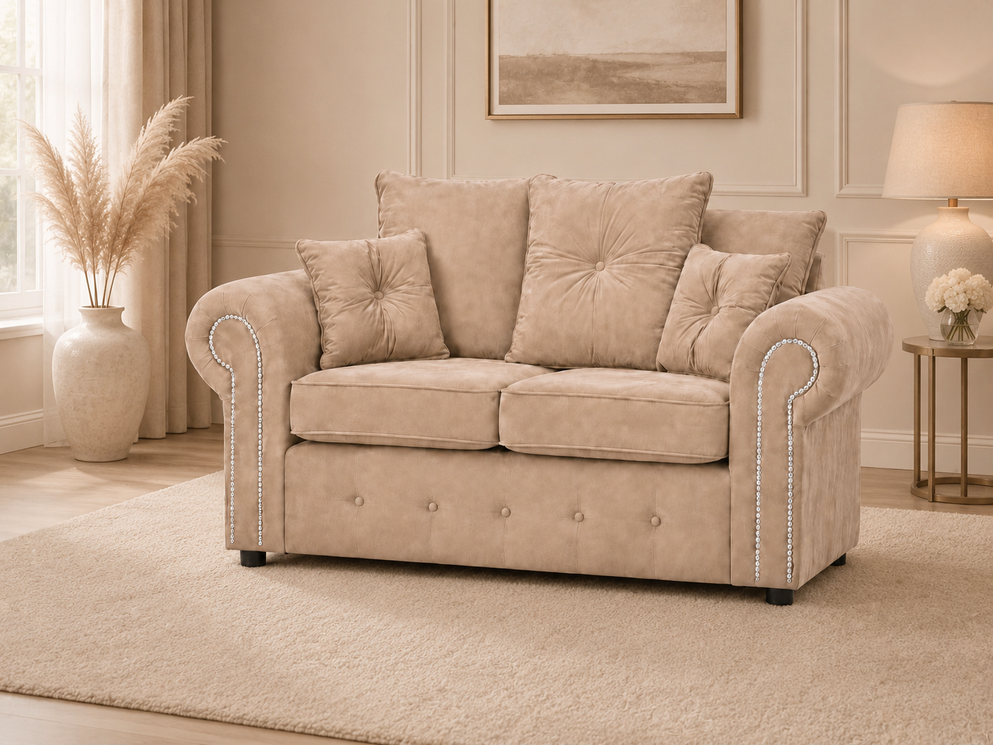 Olympia Plush Velvet 2 Seater Sofa – Luxury Rolled Arm Sofa with Studded Trim
