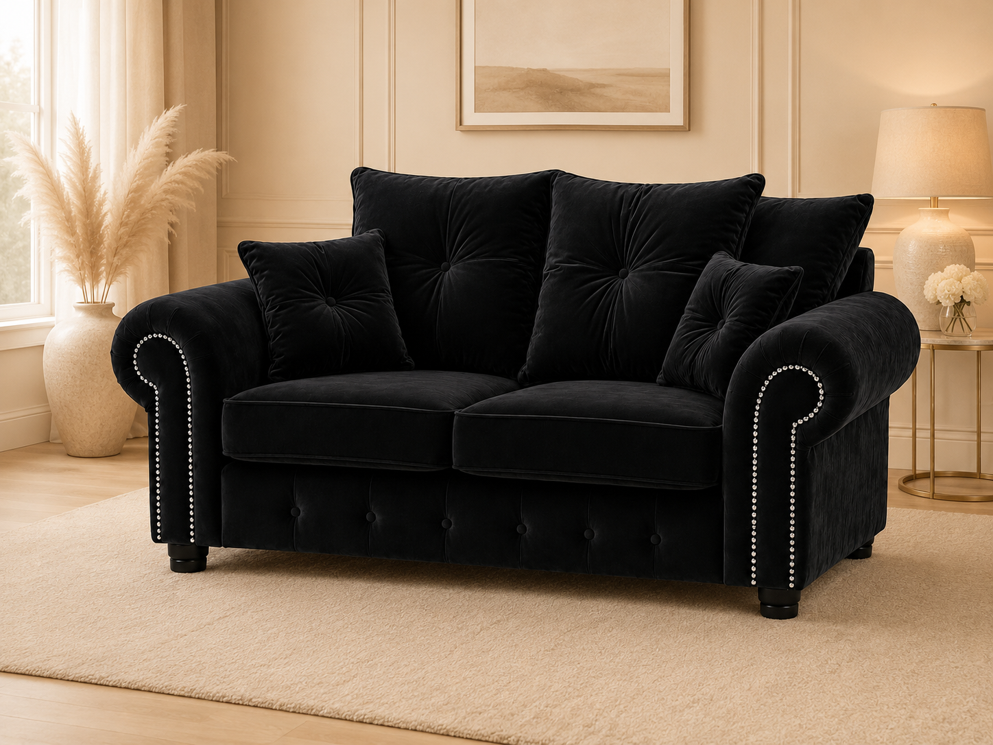 Olympia Plush Velvet 2 Seater Sofa – Luxury Rolled Arm Sofa with Studded Trim