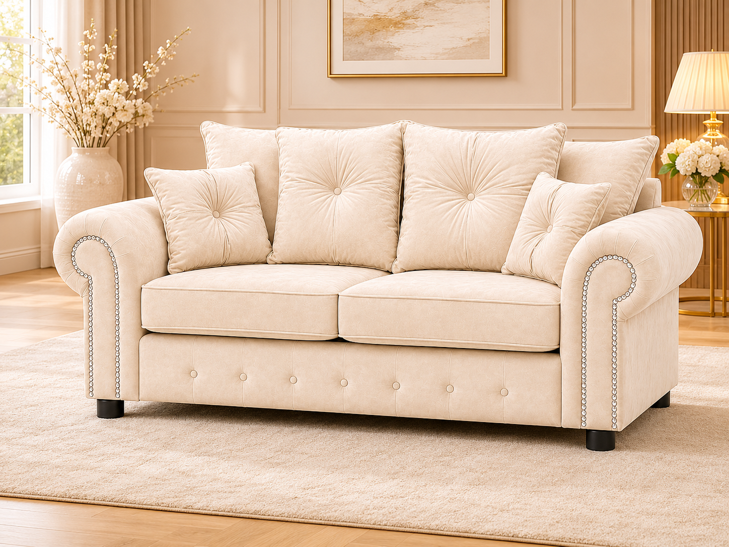 Olympia Plush Velvet 2 Seater Sofa – Luxury Rolled Arm Sofa with Studded Trim