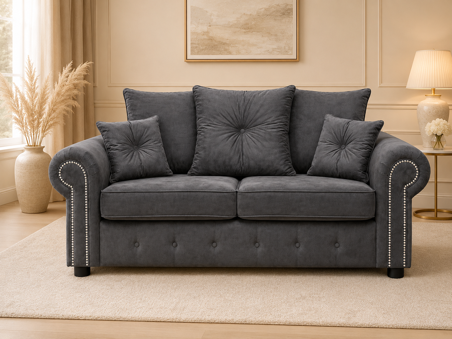 Olympia Plush Velvet 2 Seater Sofa – Luxury Rolled Arm Sofa with Studded Trim