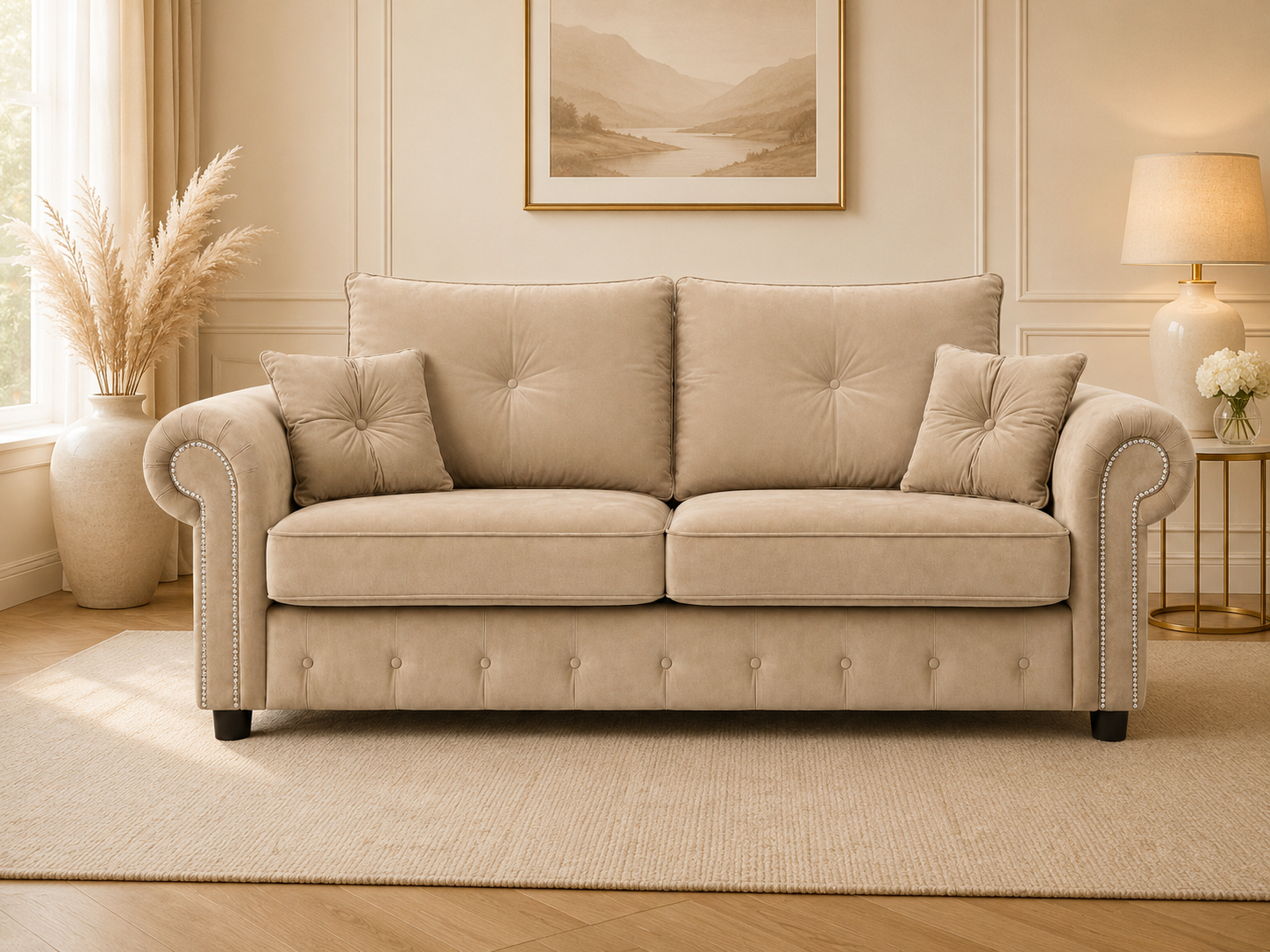 Olympia Plush Velvet 3 Seater Sofa – Luxury Rolled Arm Sofa with Studded Trim