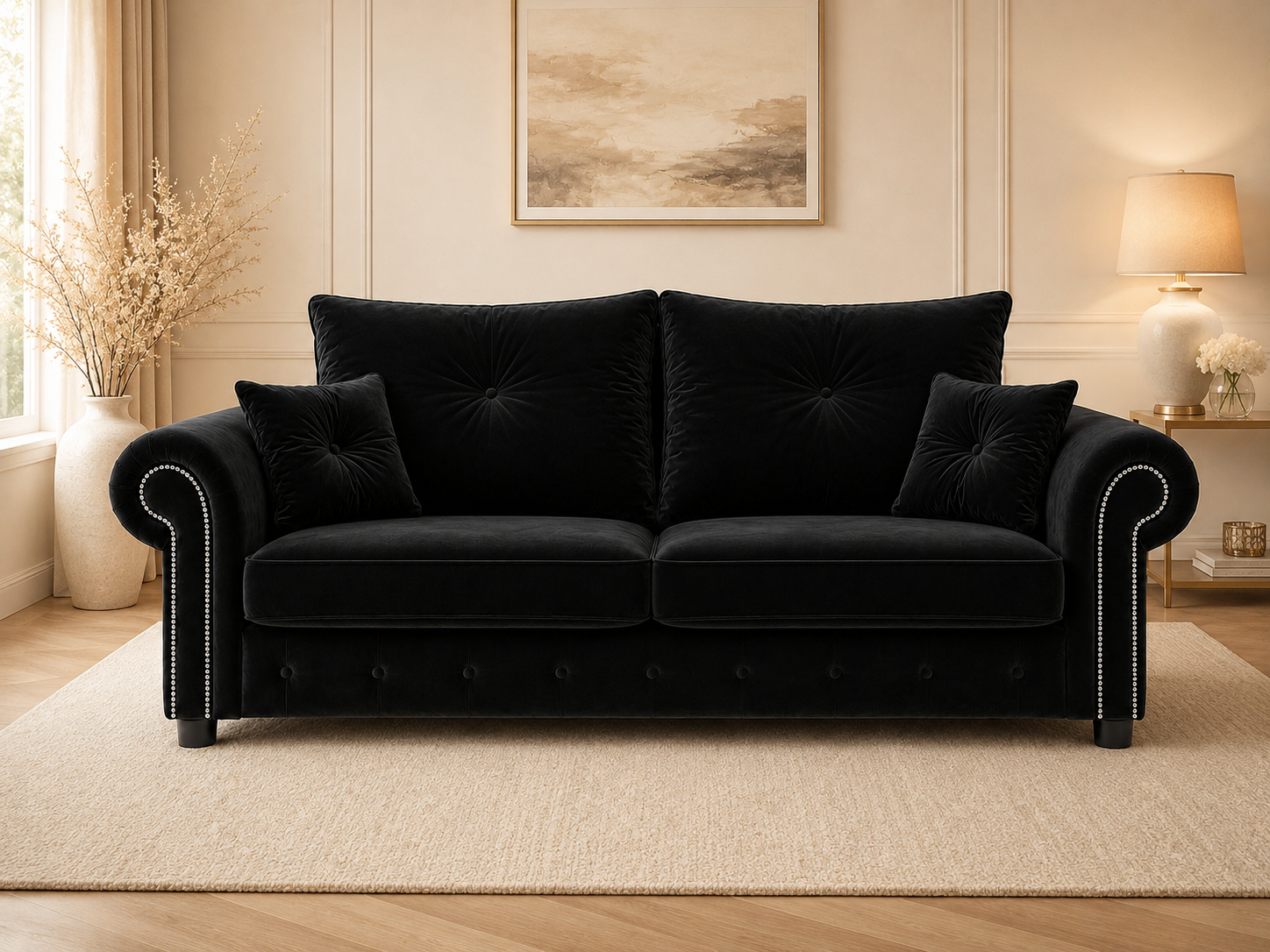Olympia Plush Velvet 3 Seater Sofa – Luxury Rolled Arm Sofa with Studded Trim
