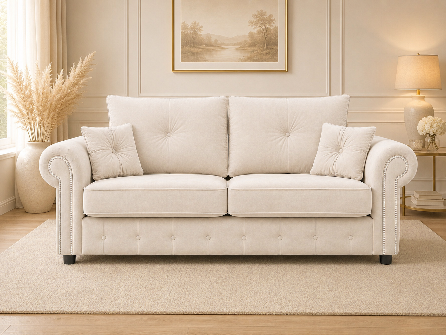 Olympia Plush Velvet 3 Seater Sofa – Luxury Rolled Arm Sofa with Studded Trim