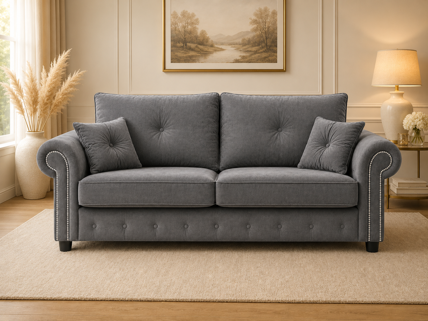 Olympia Plush Velvet 3 Seater Sofa – Luxury Rolled Arm Sofa with Studded Trim