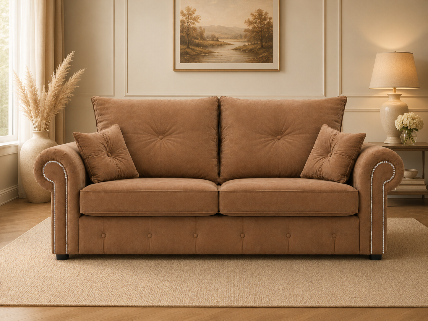Olympia Plush Velvet 3 Seater Sofa – Luxury Rolled Arm Sofa with Studded Trim