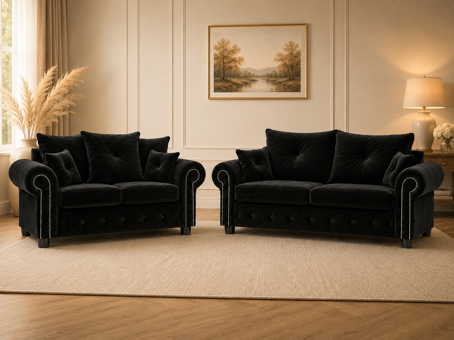 Olympia Plush Velvet 3+2 Sofa Set – Luxury Rolled Arm Sofa Suite with Studded Trim