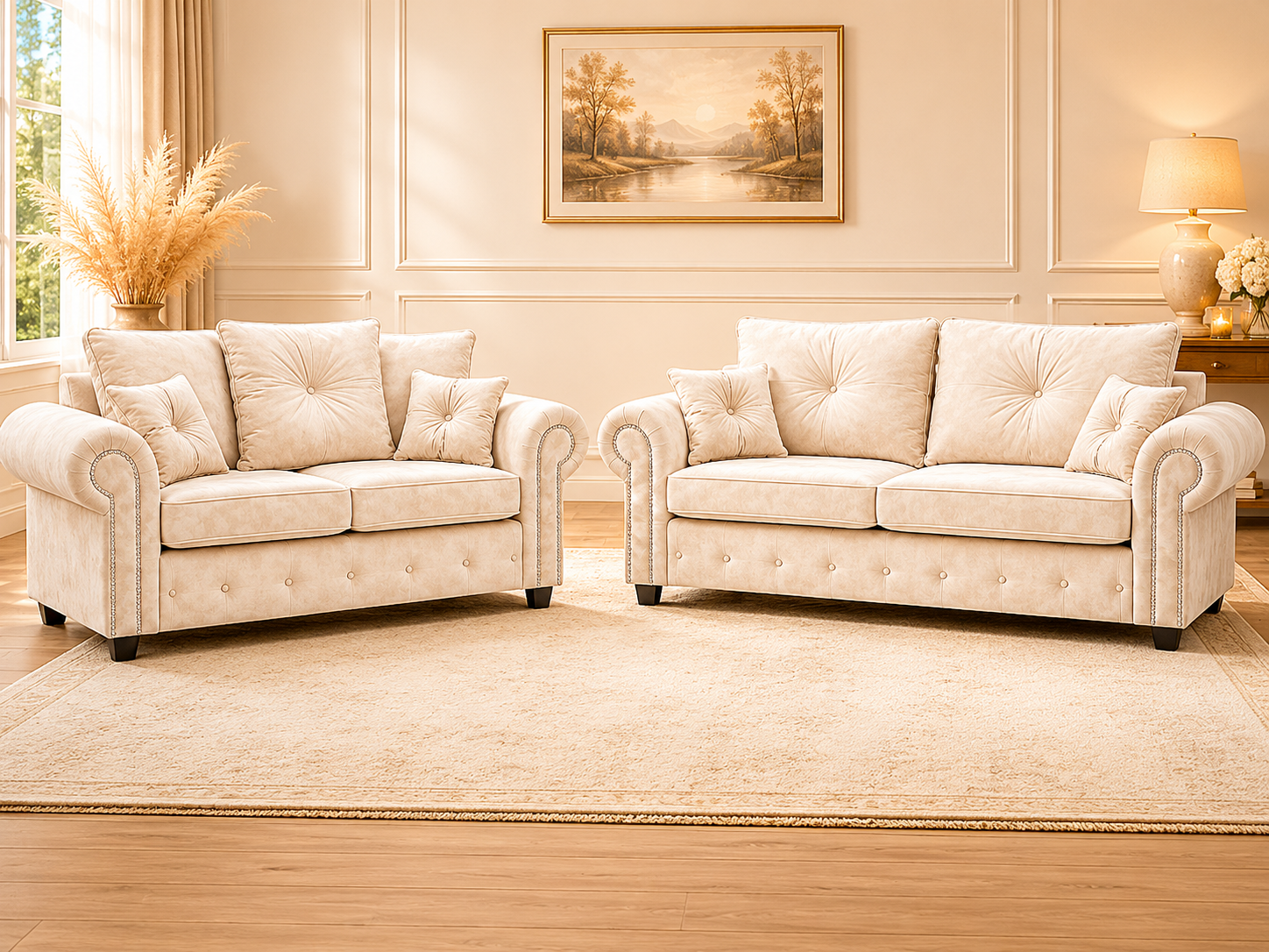 Olympia Plush Velvet 3+2 Sofa Set – Luxury Rolled Arm Sofa Suite with Studded Trim