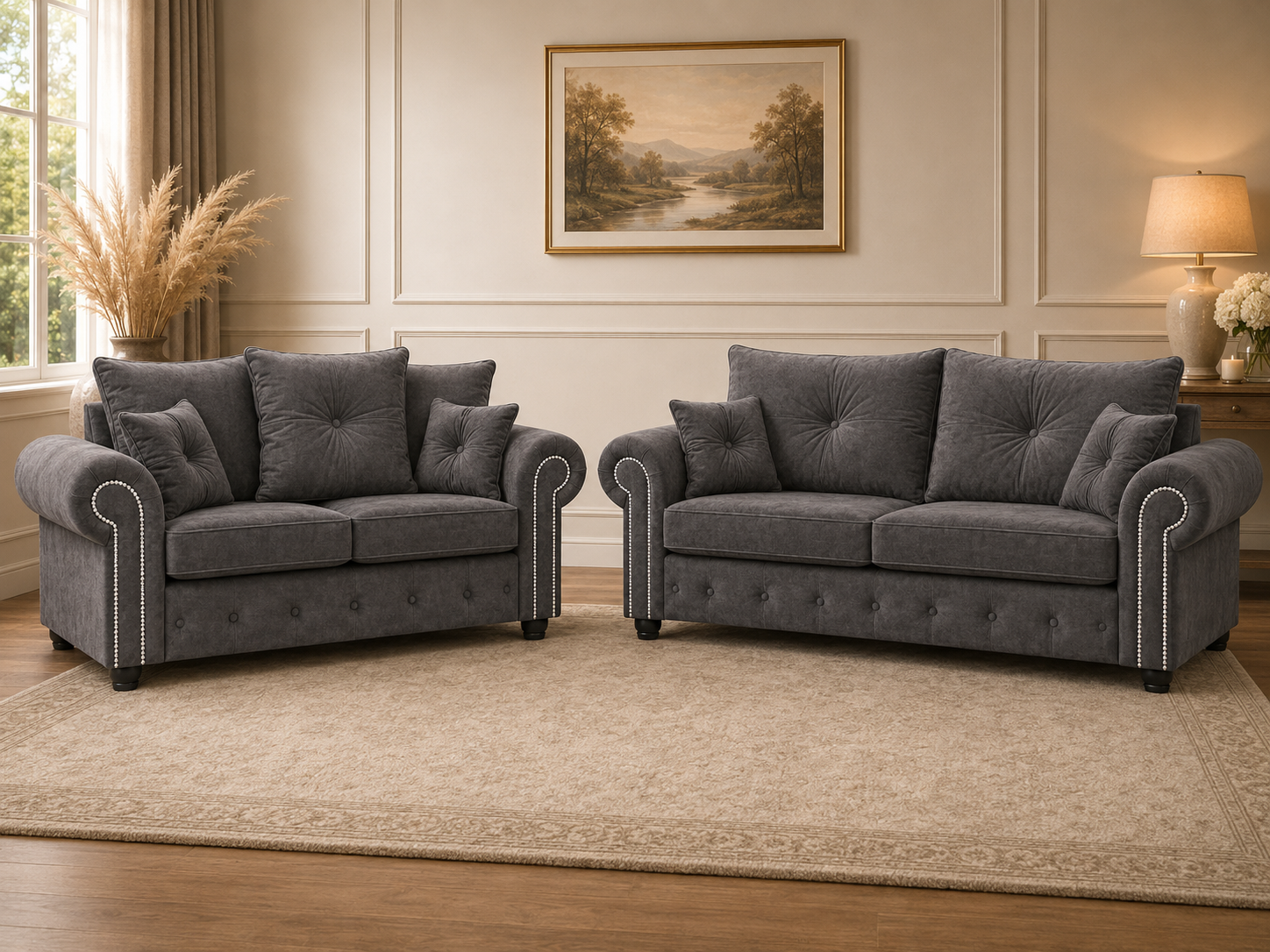 Olympia Plush Velvet 3+2 Sofa Set – Luxury Rolled Arm Sofa Suite with Studded Trim