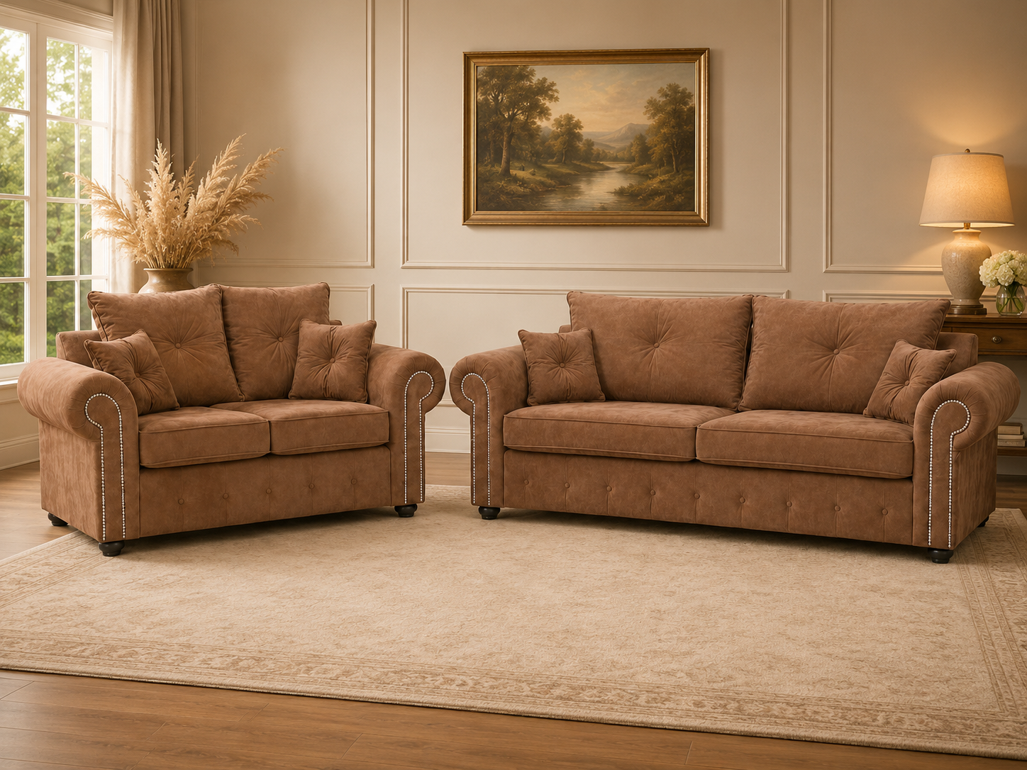 Olympia Plush Velvet 3+2 Sofa Set – Luxury Rolled Arm Sofa Suite with Studded Trim