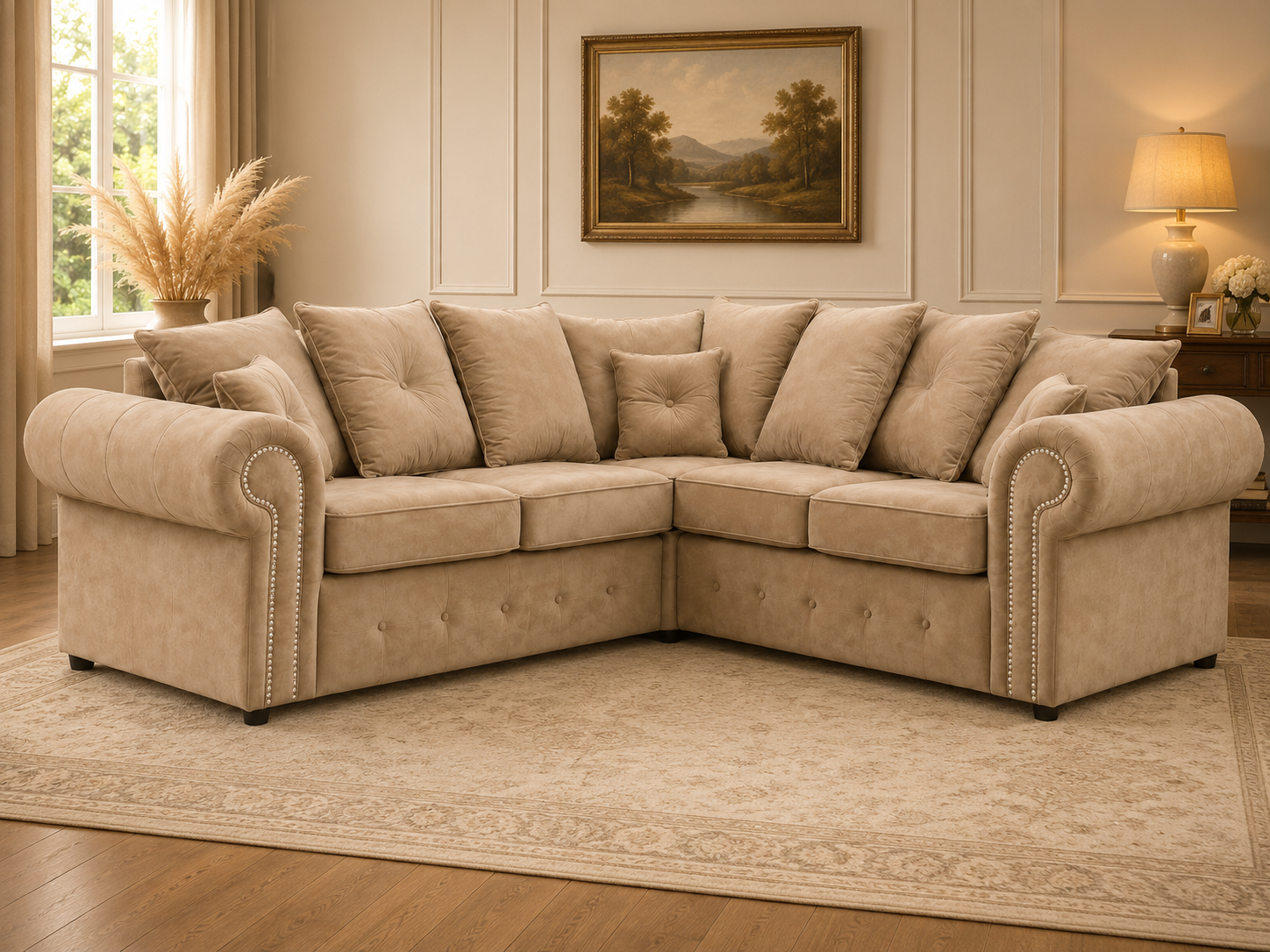 Olympia Plush Velvet Corner Sofa – Luxury Rolled Arm Corner Sofa with Studded Trim
