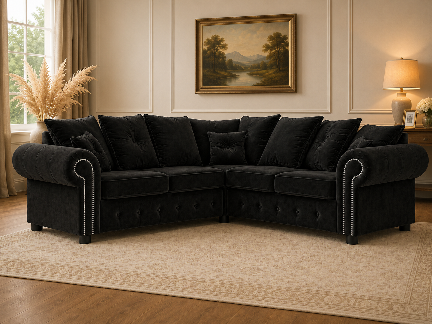 Olympia Plush Velvet Corner Sofa – Luxury Rolled Arm Corner Sofa with Studded Trim