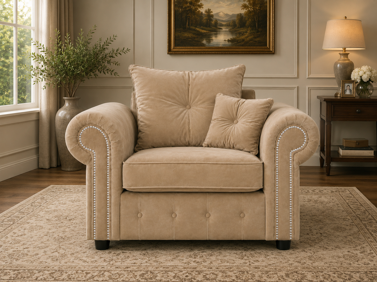 Olympia Plush Velvet Armchair – Luxury Rolled Arm Sofa Chair with Studded Trim 1 Seater