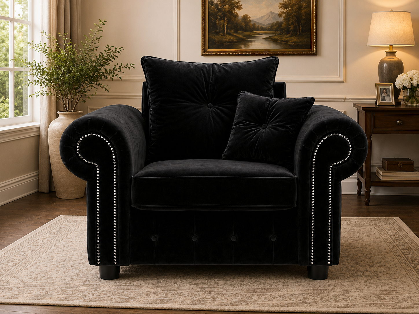 Olympia Plush Velvet Armchair – Luxury Rolled Arm Sofa Chair with Studded Trim 1 Seater
