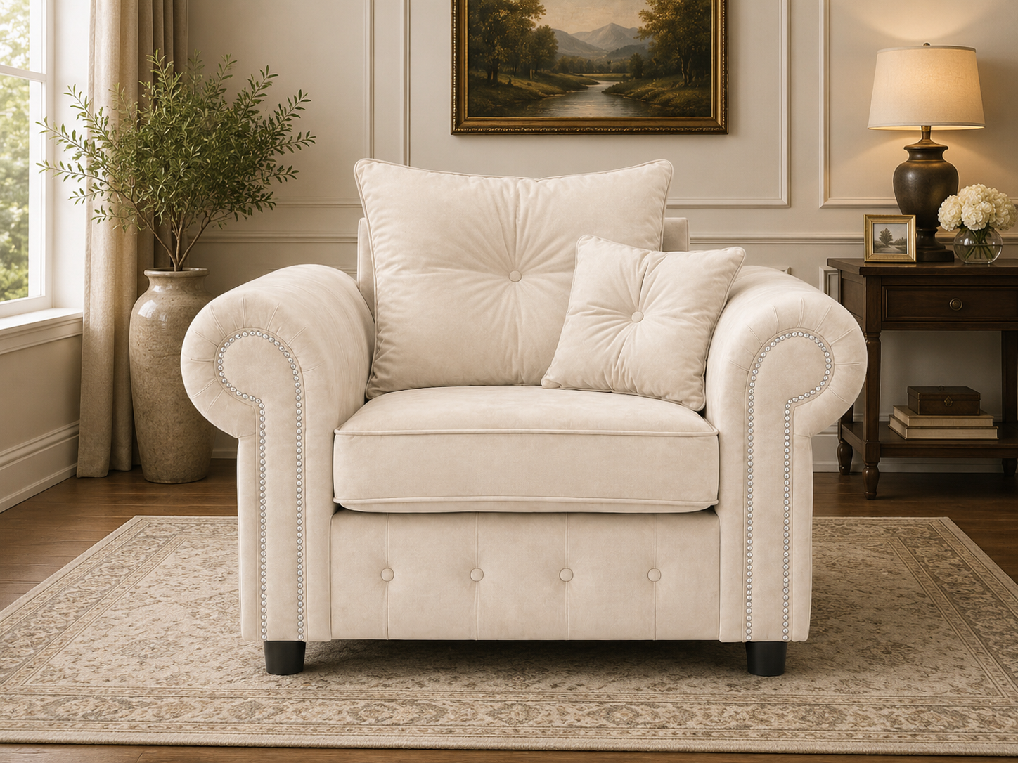 Olympia Plush Velvet Armchair – Luxury Rolled Arm Sofa Chair with Studded Trim 1 Seater