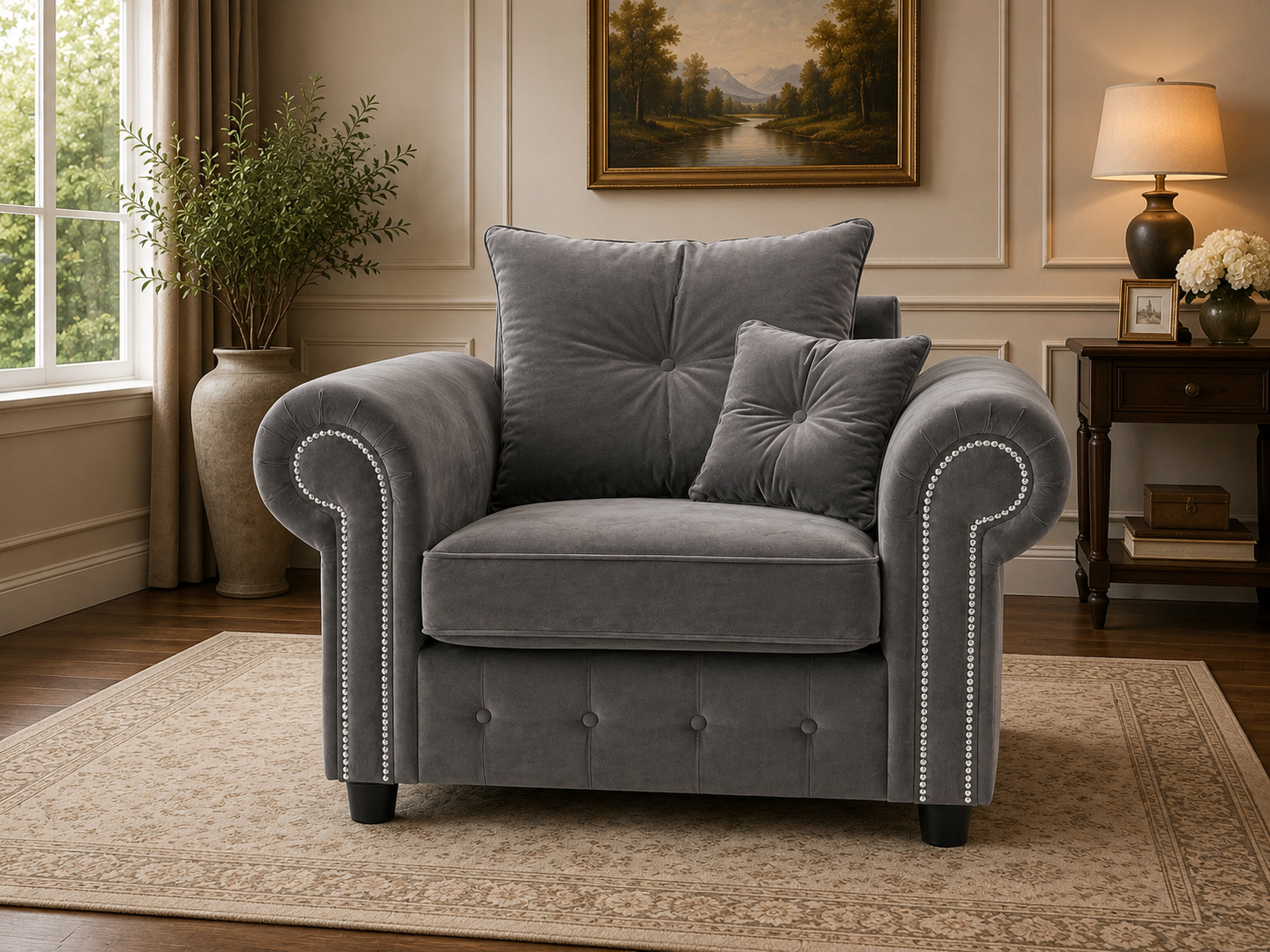 Olympia Plush Velvet Armchair – Luxury Rolled Arm Sofa Chair with Studded Trim 1 Seater