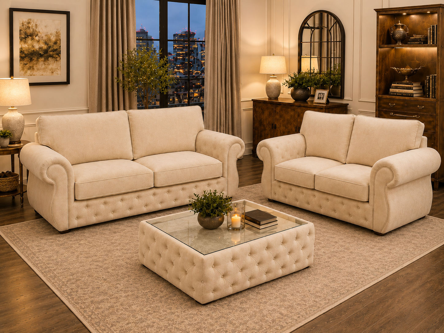 Rio Swan Chesterfield 3+2 Seater Sofa Set with Matching Coffee Table – Velvet Sofa Suite