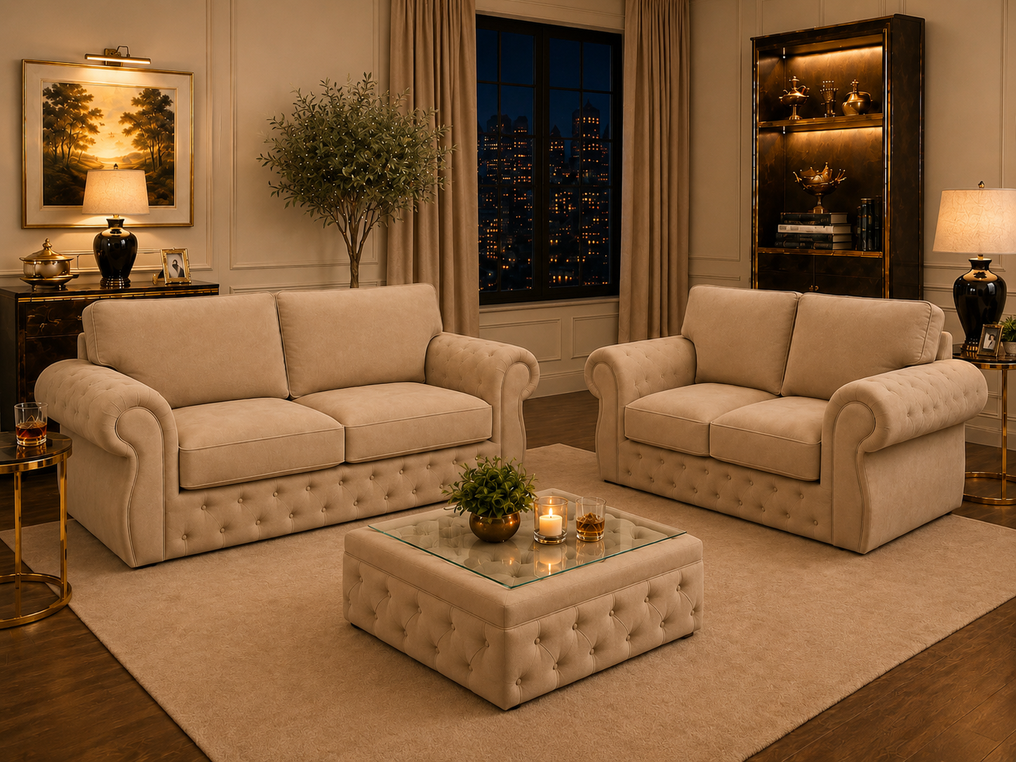 Rio Swan Chesterfield 3+2 Seater Sofa Set with Matching Coffee Table – Velvet Sofa Suite