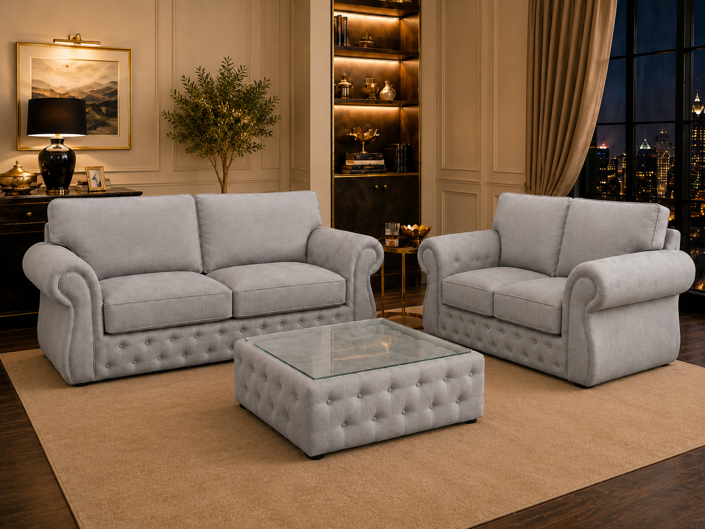 Rio Swan Chesterfield 3+2 Seater Sofa Set with Matching Coffee Table – Velvet Sofa Suite
