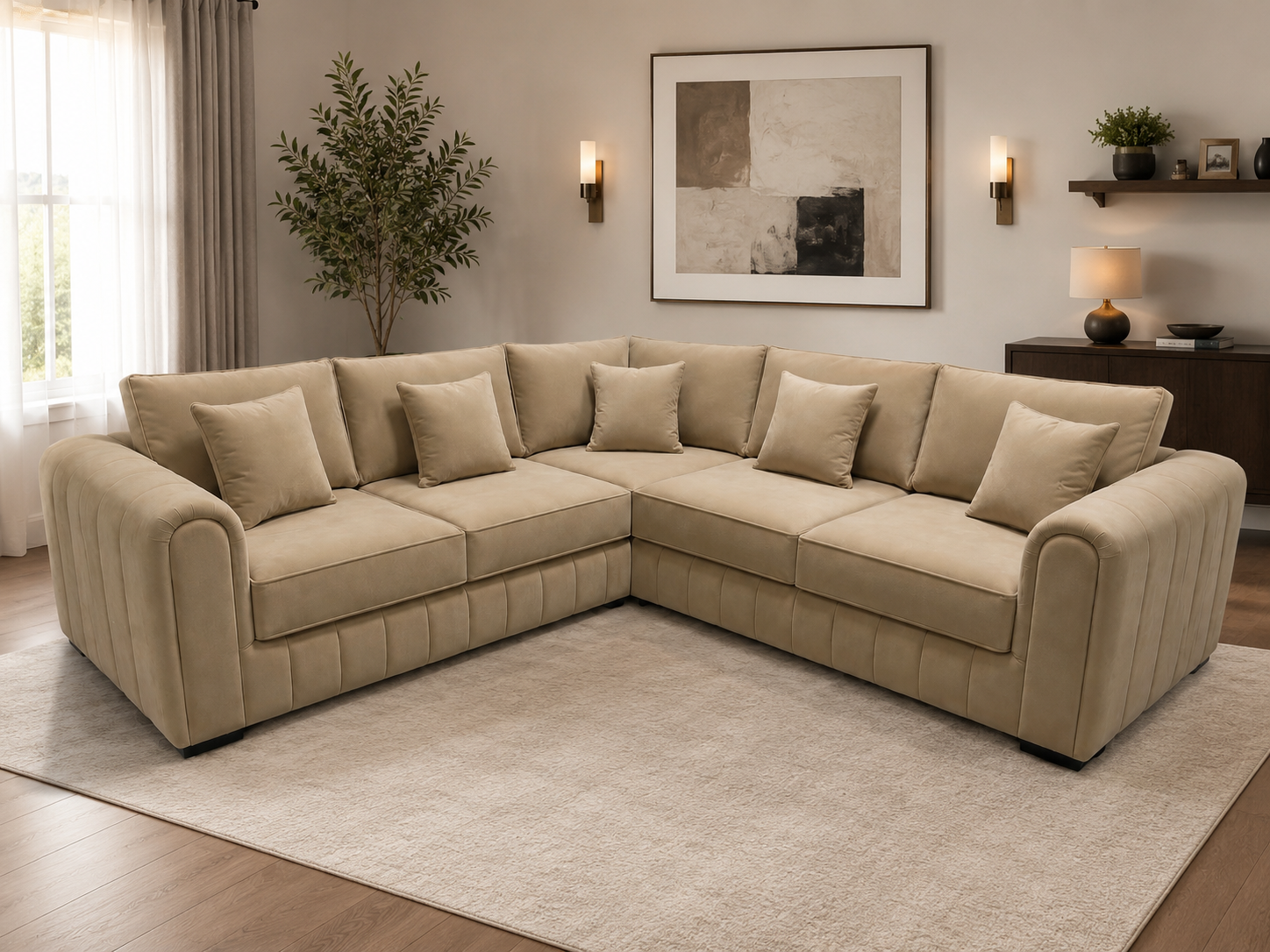 Lilly Plush Velvet Corner Sofa – Plain Fabric L-Shaped Sofa with Soft Cushions