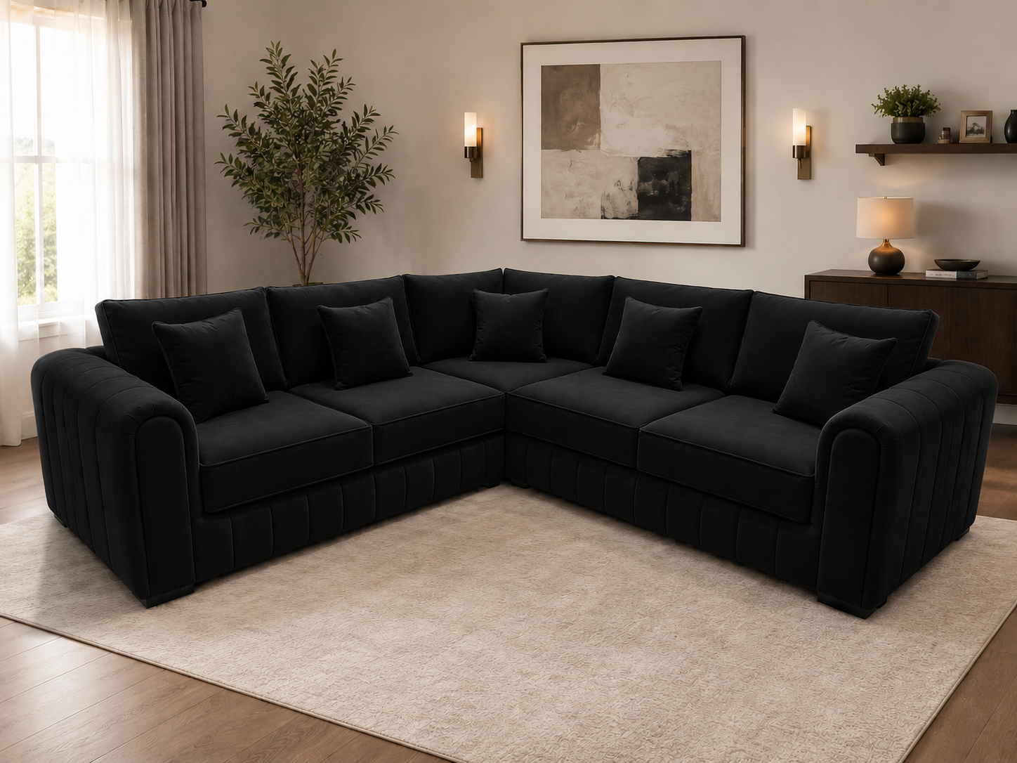 Lilly Plush Velvet Corner Sofa – Plain Fabric L-Shaped Sofa with Soft Cushions