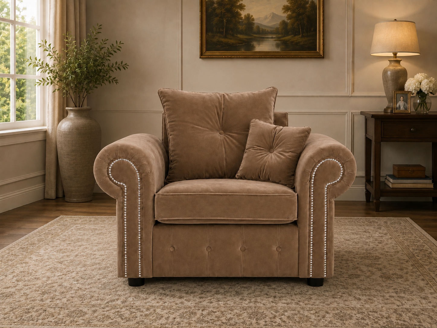 Olympia Plush Velvet Armchair – Luxury Rolled Arm Sofa Chair with Studded Trim 1 Seater