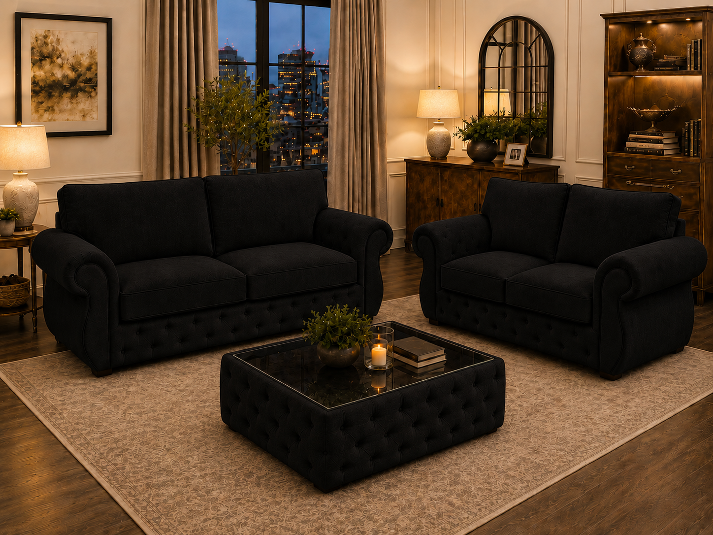 Rio Swan Chesterfield 3+2 Seater Sofa Set with Matching Coffee Table – Velvet Sofa Suite