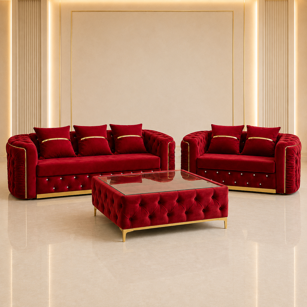 Ambassador Chesterfield 3+2 Seater Sofa Set with Matching Coffee Table – Velvet Sofa Suite