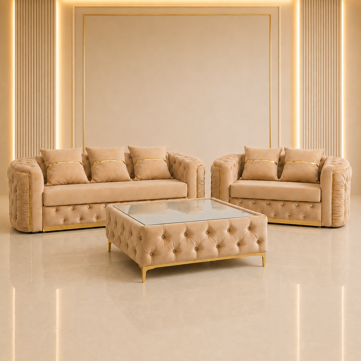 Ambassador Chesterfield 3+2 Seater Sofa Set with Matching Coffee Table – Velvet Sofa Suite