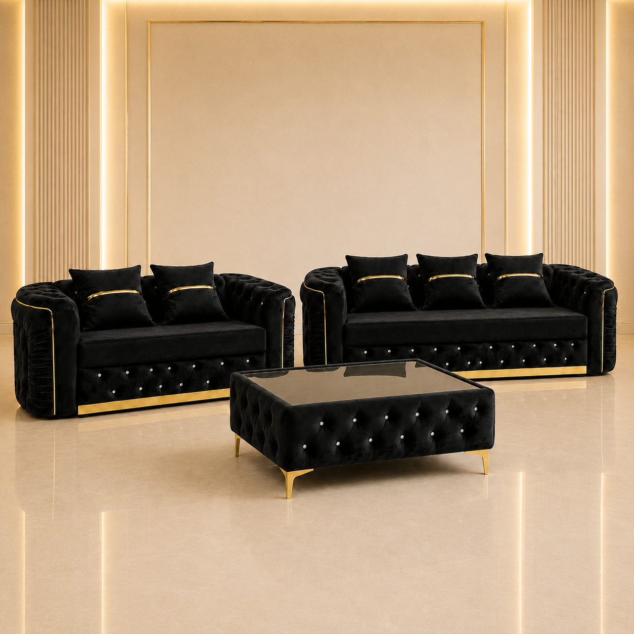 Ambassador Chesterfield 3+2 Seater Sofa Set with Matching Coffee Table – Velvet Sofa Suite