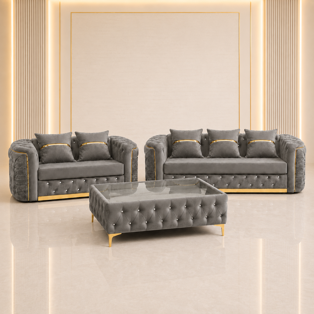 Ambassador Chesterfield 3+2 Seater Sofa Set with Matching Coffee Table – Velvet Sofa Suite