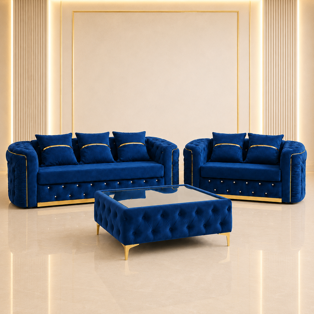 Ambassador Chesterfield 3+2 Seater Sofa Set with Matching Coffee Table – Velvet Sofa Suite